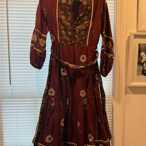 Elegant Burgundy Floral Long Sleeve Dress